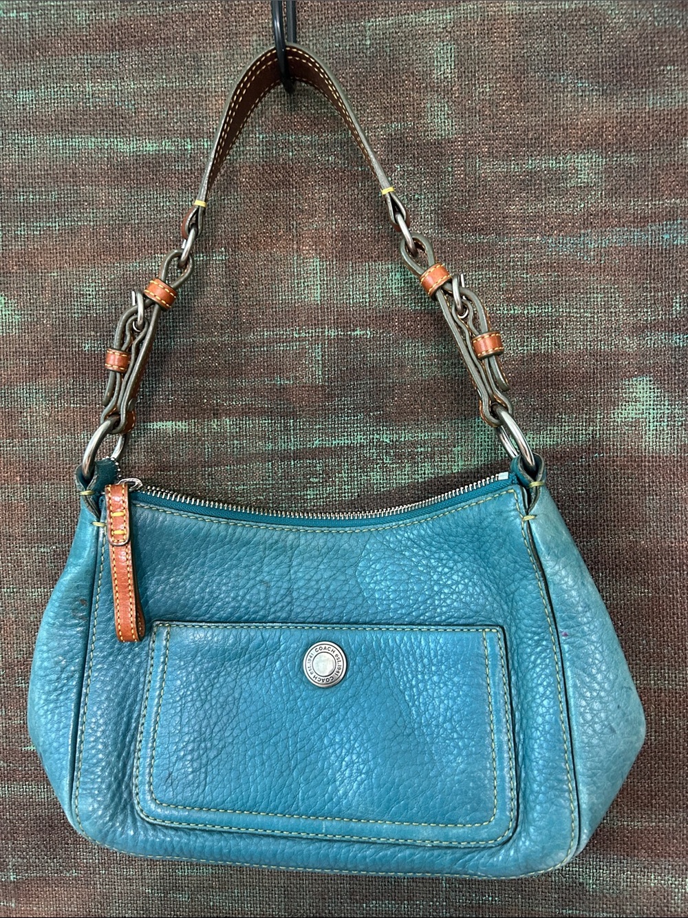 Coach Blue Pebbled Leather Shoulder Bag with Tan Trim